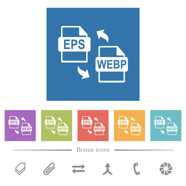 EPS WEBP bestand conversie platte witte pictogrammen in vierkante achtergronden. 6 bonus symbolen opgenomen. - Vector, afbeelding