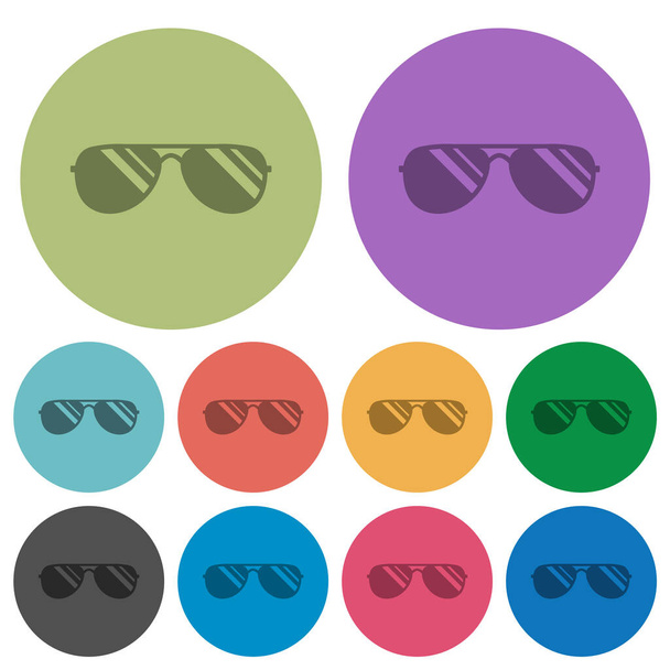 Gafas de sol Aviator con brillos iconos planos más oscuros sobre fondo redondo de color - Vector, imagen