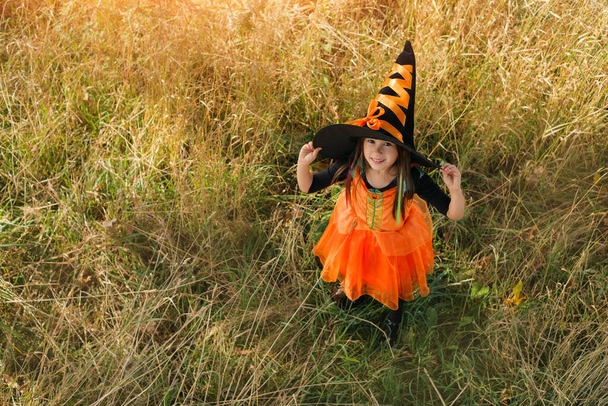 Egy boszorkány jelmezes lány áll a száraz fűben és fogja a hatalmas fekete kalapját a kezével. A halloweeni öltözködés hagyománya. Szezonális értékesítés - Fotó, kép