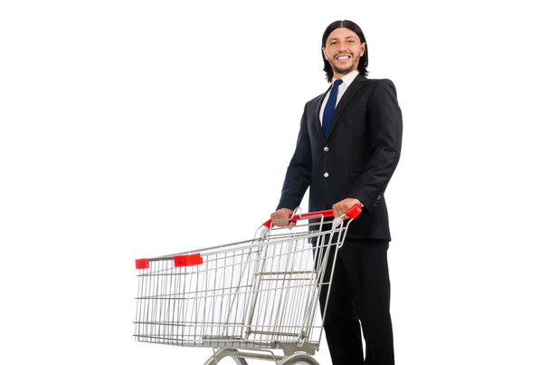 Чоловік купує кошик з супермаркетом ізольовано на білому
 - Фото, зображення