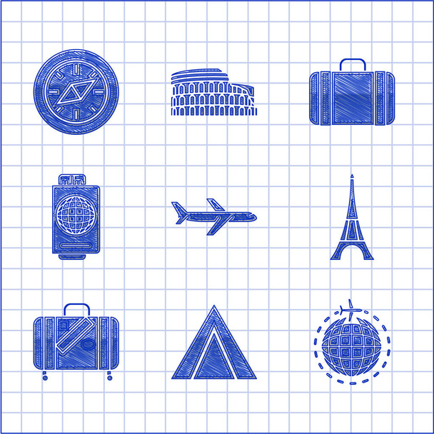 Комплект плоскости, шатер, глобус с летающим самолетом, Эйфелева башня, чемодан для путешествий и путешествий, билет Passport и значок Compass. Вектор - Вектор,изображение