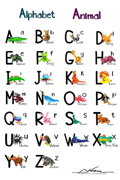 Statues like cute animals for children. Molding from plasticine for learning alphabet A-Z. Cartoon characters like wild animals with English alphabet isolated on white background. - Photo, Image