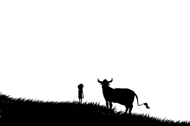 Silhouette di un cowboy con una grande mucca o toro nel prato isolato su sfondo bianco. - Vettoriali, immagini