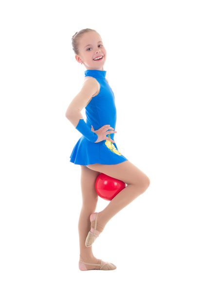 мила дівчинка робить гімнастику з м'ячем ізольовано на білому
 - Фото, зображення