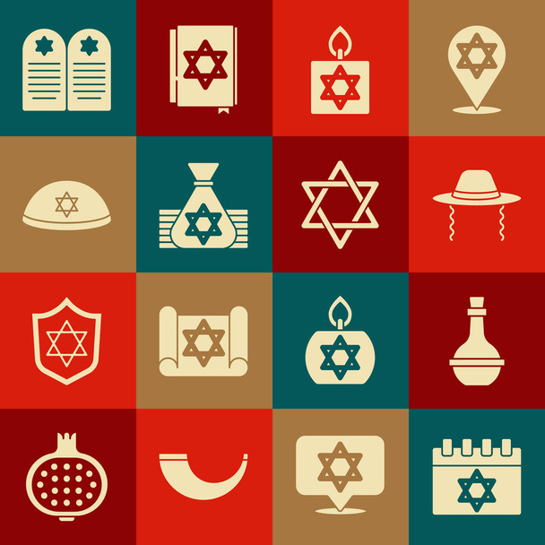 Aseta juutalainen kalenteri, viinipullo, ortodoksinen juutalainen hattu, Burning kynttilä, rahapussi, kippah, Tombstone tähti David ja Star David kuvaketta. Vektori - Vektori, kuva