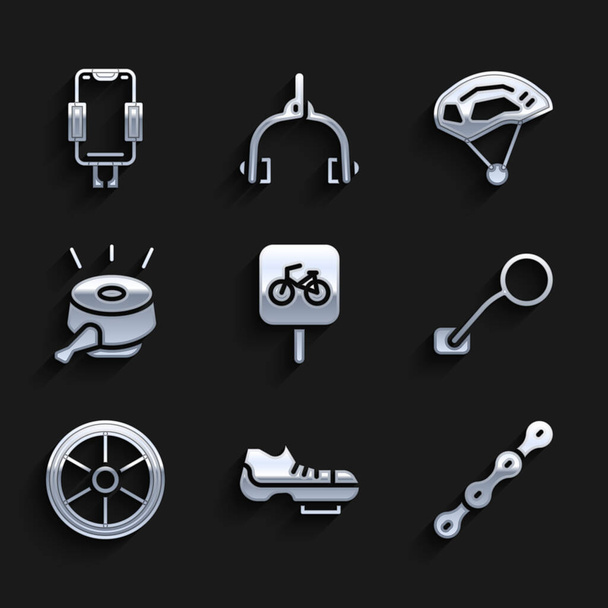 Definir estacionamento de bicicleta, sapatos, corrente, espelho retrovisor, roda, sino, capacete e ícone de suporte móvel. Vetor - Vetor, Imagem
