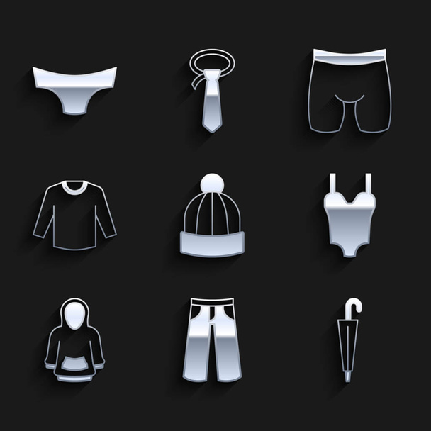 Set zimní klobouk, kalhoty, deštník, plavky, mikina, svetr, cyklistické šortky a pánské kalhotky ikona. Vektor - Vektor, obrázek