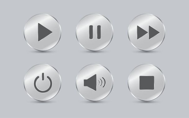 Play button. Media player control icon set. Glass plates circle shape isolated on gray background. Vector illustration. - Вектор, зображення