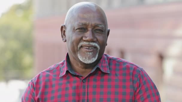 Closeup portrait of handsome face of elderly black man with smile. Friendly mature bearded African American male in shirt looking at camera. Concept of healthy person enjoying retirement life - Footage, Video