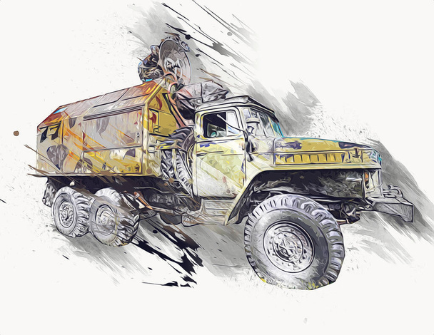 Panzerfahrzeug technische militärische LKW Kunst Illustration isolierte Skizze - Foto, Bild