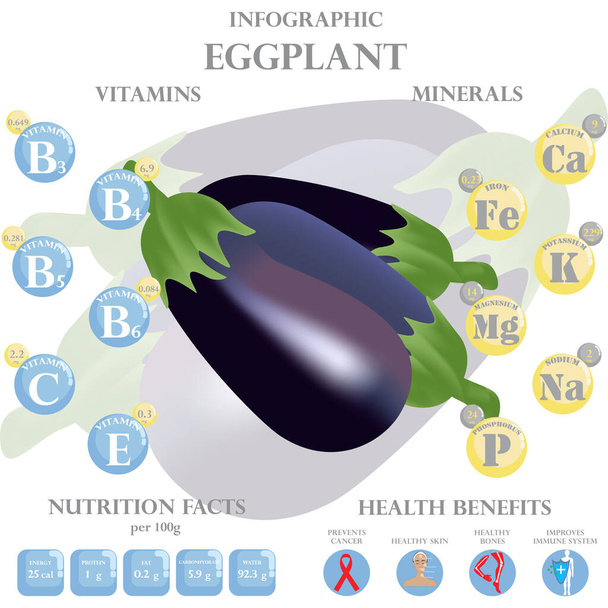 Fakta o výživě lilku a zdravotní přínosy infografie. Zdravotní přínosy lilek - Vektor, obrázek