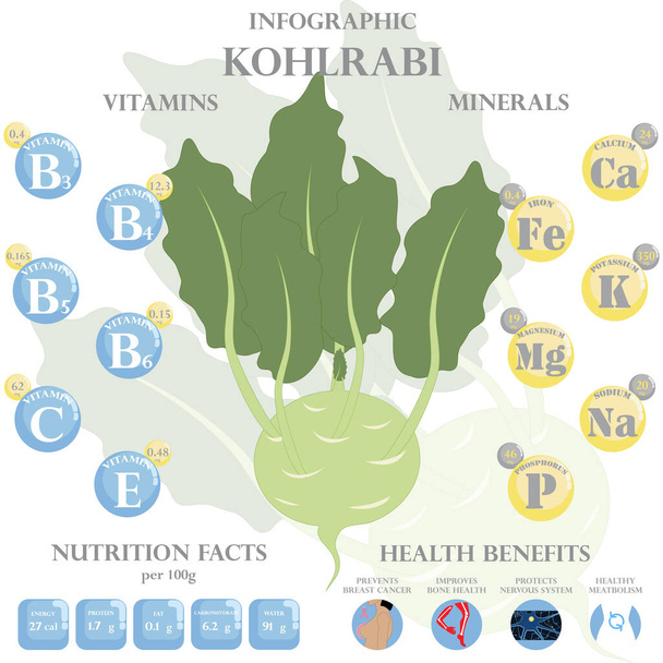 Kohlrabi táplálkozási tények és egészségügyi ellátások infographic. A karhlrabi egészségügyi előnyei - Vektor, kép
