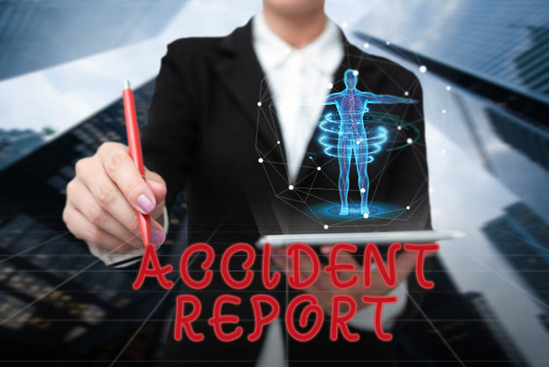 Text sign showing Accident Report. Conceptual photo A form that is filled out record details of an unusual event Lady In Uniform Standing Holding Tablet Typing Futuristic Technologies. - Photo, Image