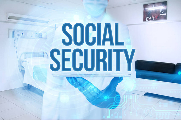 Conceptual caption Social Security. Business concept assistance from state showing with inadequate or no income Woman Suit Writing On Screen Holding Tablet Showing Futuristic Technology. - Photo, Image