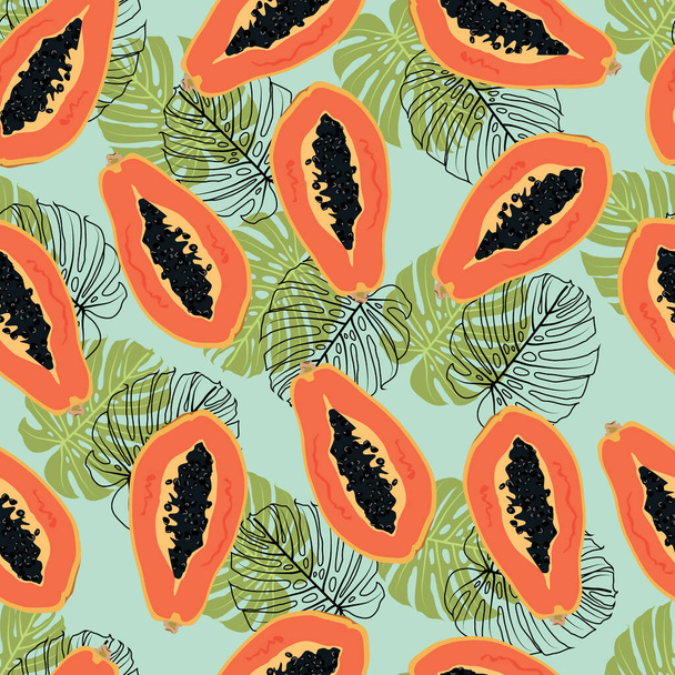 Frutos de papaya con patrón inconsútil de hojas de monstera sobre fondo verde. Alimentos orgánicos frescos, ilustración vectorial de frutas tropicales. De moda para la tela, impresión textil, papel pintado, invitación o embalaje. - Vector, imagen