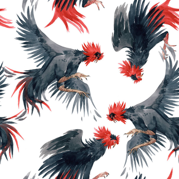 Beautiful seamless pattern with watercolor black roosters. Stock illustration. - Photo, image