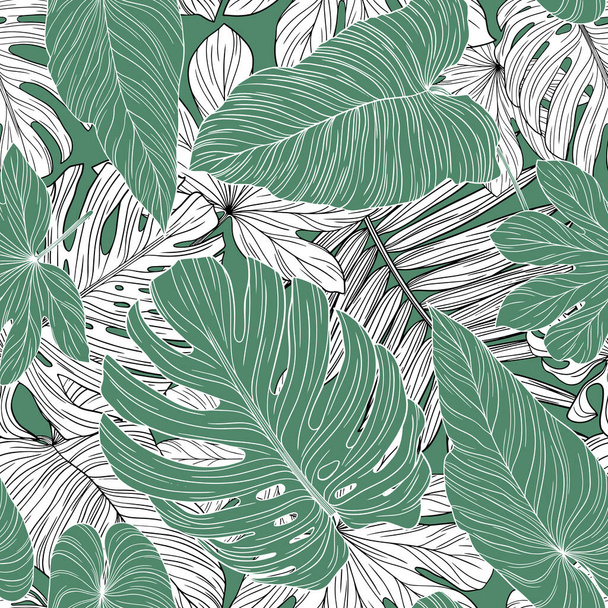 Patrón con hojas tropicales. Vector dibujado a mano - Vector, Imagen