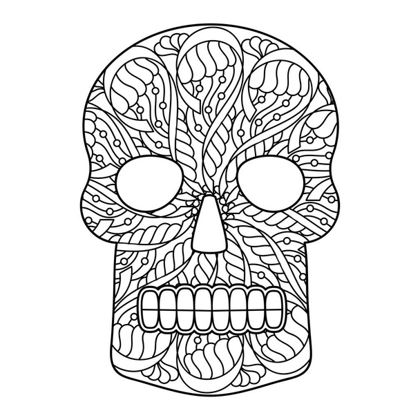 Malbuch für Erwachsene. Zuckerschädel zu Halloween oder Totensonntag. Handgezeichnete Vektorillustration. Linien Kunstdesign - Vektor, Bild