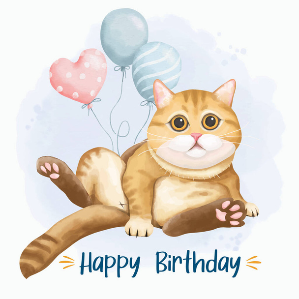 水彩風の猫付き誕生日カード - ベクター画像