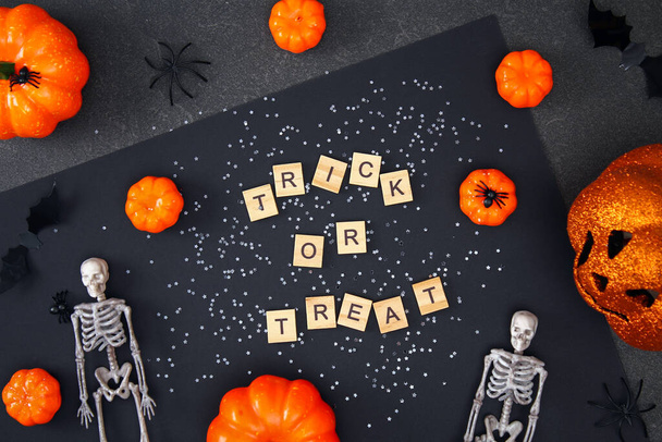 Halloween decorations black background. Halloween concept. Flat lay, top view. Trick or treat. - Photo, image