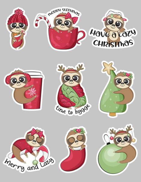 Cute Christmas leniwce naklejki kolekcji. Ilustracja wektora.  - Wektor, obraz
