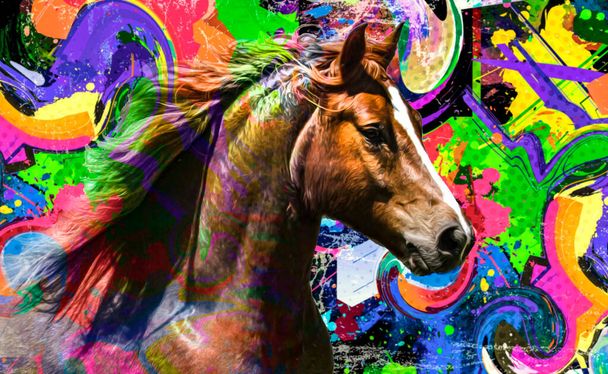 Colorful artistic horse muzzle with bright paint splatters  - Photo, Image