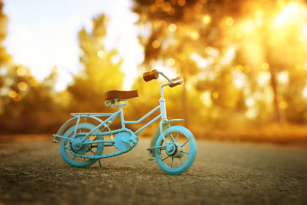 Blue vintage bicycle toy waiting outdoors at sunset light - Foto, imagen