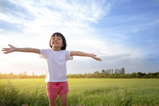 Thai Asian kid girl, age 4 to 6 years old, cute face, playing outdoors. His face had a happy smile on his face. The background is green fields and blue skies. It's a beautiful nature on vacation. - Foto, Imagem
