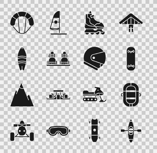 Set Kayak o canoa, Rafting boat, Skateboard trick, Roller skate, Snowboard, Surfboard, Paracaídas y Casco icono. Vector - Vector, imagen