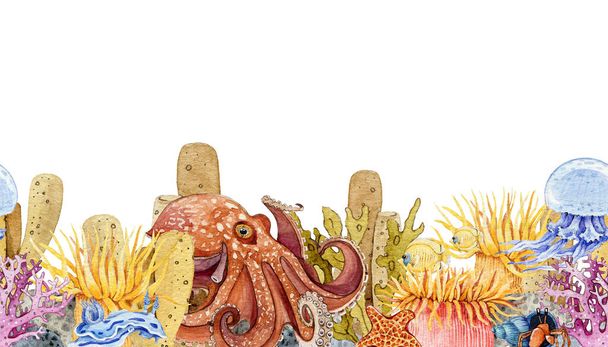 Sealife faz fronteira. Ilustração aquarela. Polvo, coral, água-viva na bela criatura marinha subaquática costuras fronteira. Mão desenhado colorido animais selvagens aquáticos decoração. Fundo branco - Foto, Imagem