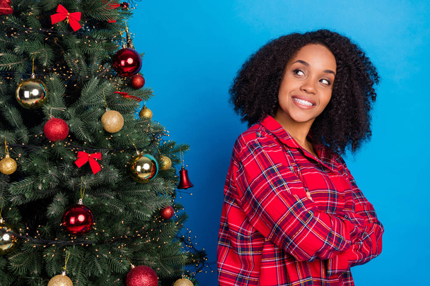 Profile photo of sweet millennial brunette lady crossed arms look tree wear red sleepwear isolated on blue color background - Fotografie, Obrázek