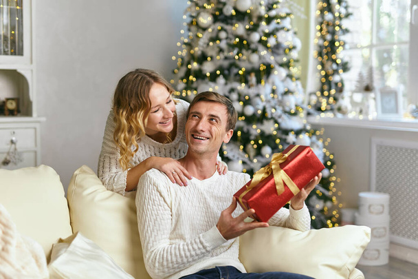 Beau couple attendant le Nouvel An ensemble, tout en étreignant avec boîte cadeau à la main, près du bel arbre de Noël dans le canapé confortable salon avec guirlande d'illumination - Photo, image