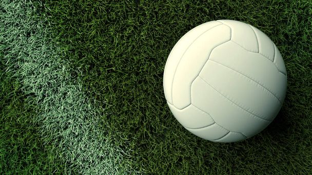Advertising style 3d rendering background of soccer ball next to the white line of green pitch grass field with no people in sport and online bet concept - Foto, immagini