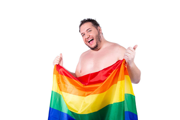 Funny fat man. Gay man and rainbow flag. - Foto, afbeelding