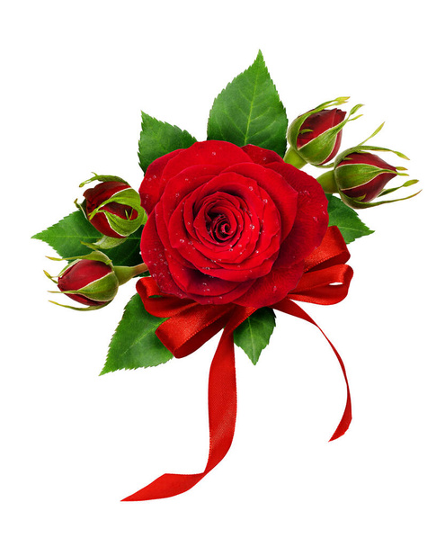 Festive arrangement with red rose flower and silk ribbon bow isolated on white background. Flat lay. Top view. - Valokuva, kuva