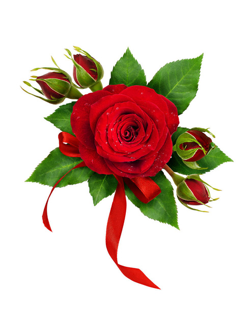 Festive arrangement with red rose flowers and silk ribbon bow isolated on white background. Flat lay. Top view. - Foto, immagini