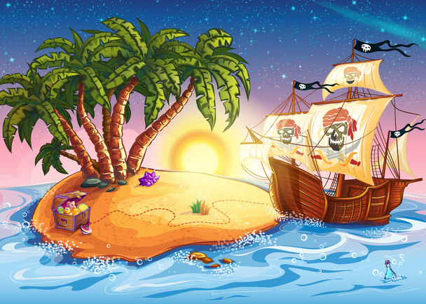 Иллюстрация острова сокровищ и пиратского корабля
 - Вектор,изображение