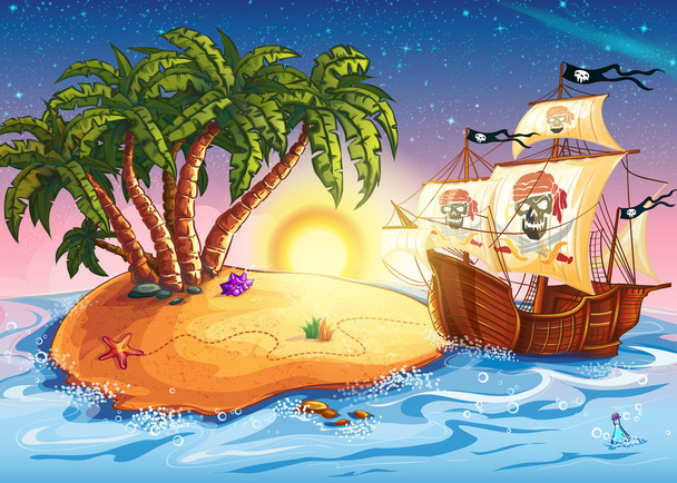 Illustration der Insel mit einem Piratenschiff - Vektor, Bild