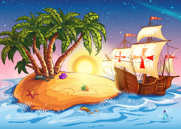 Ilustração da ilha com o navio explorador
 - Vetor, Imagem