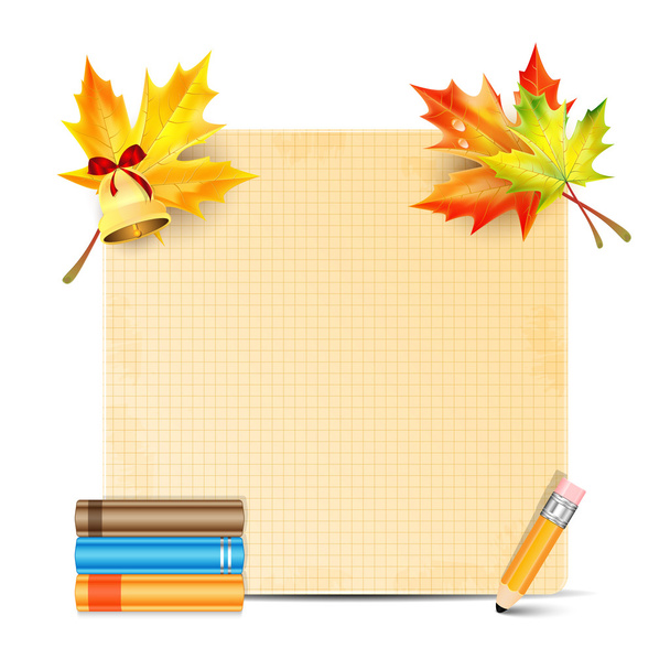 Blatt Papier mit Herbstblättern von Ahorn und Schule dekoriert - Vektor, Bild