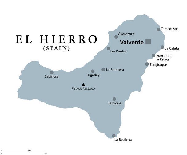 Wyspa El Hierro, szara mapa polityczna, ze stolicą Valverde. Przydomek Meridian Island, część Wysp Kanaryjskich. Archipelag i wspólnota autonomiczna Hiszpanii na Oceanie Atlantyckim u wybrzeży Afryki. - Wektor, obraz