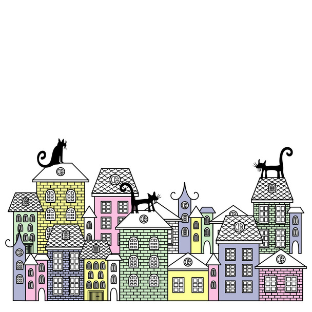 vector illustratie poster met huizen en katten. - Vector, afbeelding