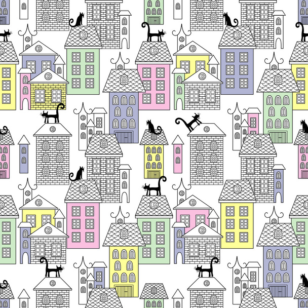 Seamless houses city theme vintage style illustration background pattern in vector. - Vector, Image