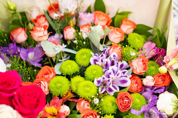 top view. bouquet of colorful bright fresh flowers. traditional gift for a woman - Photo, image