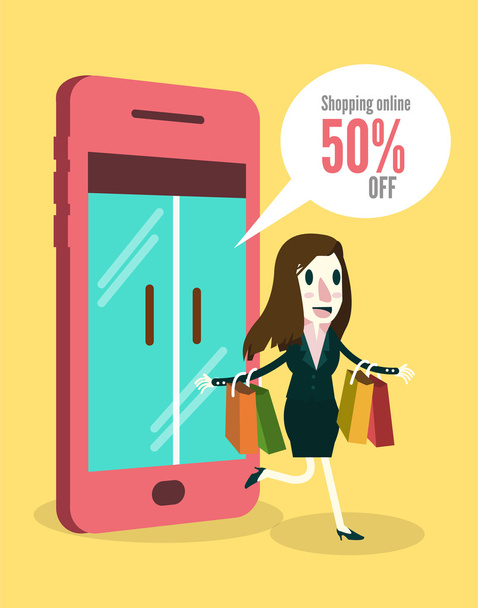 Femmes magasinant en ligne par smartphone
. - Vecteur, image