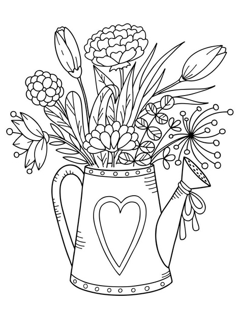 Garden watering can with a bouquet of flowers. Black and white vector illustration, coloring book. - Vecteur, image