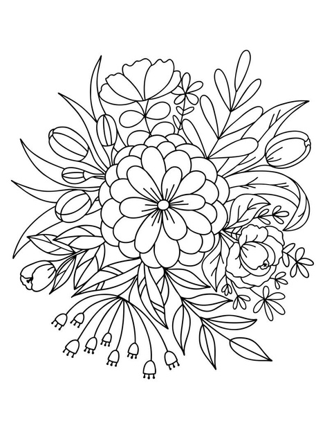 A bouquet of flowers for coloring painted on top. Black and white vector illustration, coloring book. - Vecteur, image