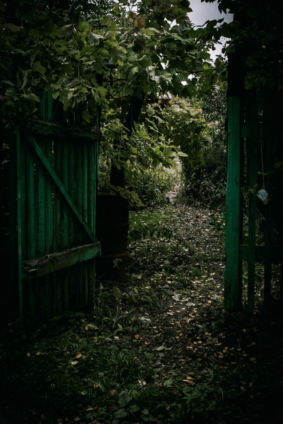 An old wooden rotten painted fence and a gate in the autumn garden - Foto, Imagen