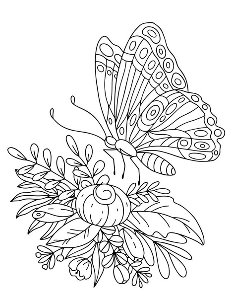 Butterfly on a bouquet of flowers and herbs, for coloring. Black and white vector illustration, coloring book. - Vektor, obrázek