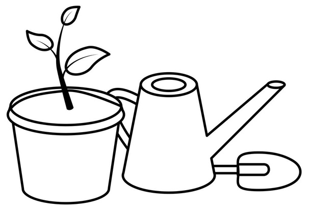 Seedling vector black line illustration of home plant in pot with watering can and small shovel isolated on white. - Vector, Image